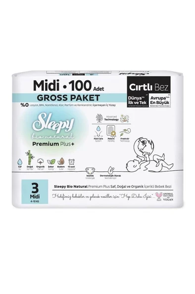 Nessiworld Sleepy Bio Natural Bebek Bezi Gross Paket 3 Beden 4-9 Kg 100 Adet