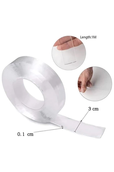 1 Metre Çift Taraflı Şeffaf Nano Bant Tablo Resim Kablo Sabitleme Eşya Tutucu Yapıştırıcı Bandı - 2