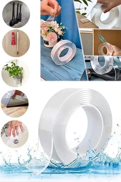 1 Metre Çift Taraflı Şeffaf Nano Bant Tablo Resim Kablo Sabitleme Eşya Tutucu Yapıştırıcı Bandı - 7