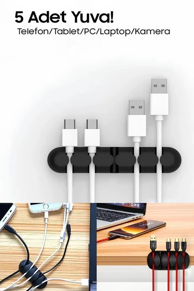 3 lü 5 Kanallı Kablo Fiş Tutucu Düzenleyici Yapışkanlı Masa Şarj Usb Kablosu Tutucu Toparlayıcı - 6