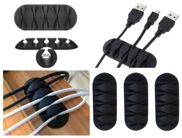 3 lü 5 Kanallı Kablo Fiş Tutucu Düzenleyici Yapışkanlı Masa Şarj Usb Kablosu Tutucu Toparlayıcı - 7