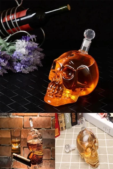 1 Litre Kuru Kafa Cam Şişe Viski Likör Şarap Hediyelik Karaf Kafatası Tasarım Hediye Karafı Şişesi - 5