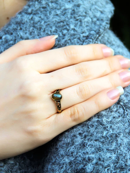 Doğal Taş Labradorit Doğal Taşlı Ayarlanabilir Antik Kadın Yüzük euy54lbt - Resim 2