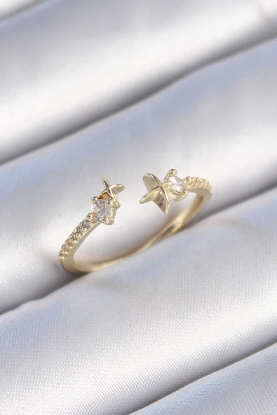 Pirinç Gold Renk Zirkon Taş Detay Yıldız Model Kadın Yüzük - TJ-BYK3446 - 1