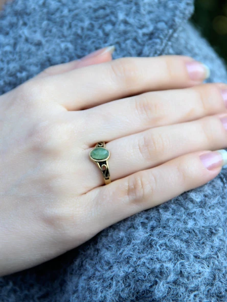 Doğal Taş Yeşil Akik Doğal Taşlı Ayarlanabilir Antik Kadın Yüzük euy54ya - Resim 2