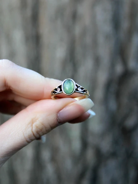 Doğal Taş Yeşil Akik Doğal Taşlı Ayarlanabilir Antik Kadın Yüzük euy54ya - Resim 3