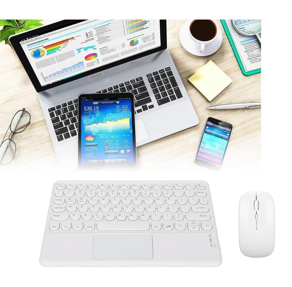 Xiaomi Redmi Pad 5 11" Uyumlu Kablosuz Bluetooth Şarjlı TouchPad'li Klavye Mouse Seti - Beyaz - 2