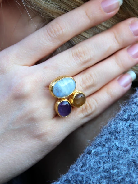 Doğal Taş 3'lü Doğal Taşlı Ayarlanabilir Altın Kaplama Kadın Yüzük Aytaşı Ametist Sitrin eouy4saa