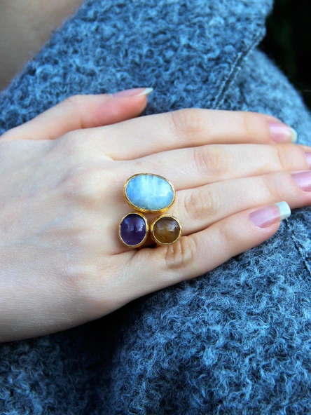 Doğal Taş 3'lü Doğal Taşlı Ayarlanabilir Altın Kaplama Kadın Yüzük Aytaşı Ametist Sitrin eouy4saa - 2