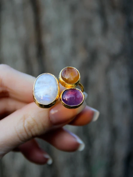 Doğal Taş 3'lü Doğal Taşlı Ayarlanabilir Altın Kaplama Kadın Yüzük Aytaşı Ametist Sitrin eouy4saa - 3