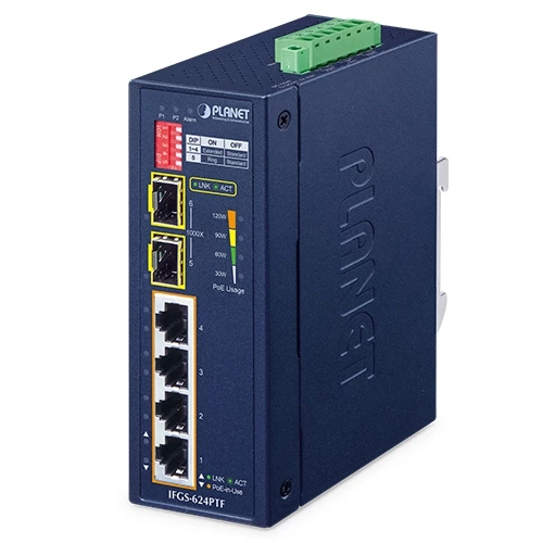 Industrial 4-Port 10/100TX 802.3at PoE + 2-Port 1000X SFP Ring Ethernet Switch