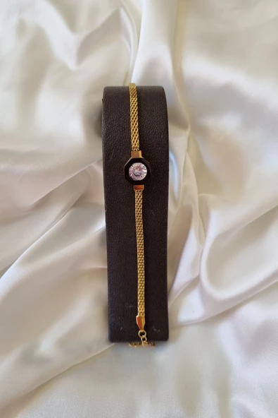 316L Çelik Gold Renk Ezme Zincir Zirkon Taşlı Mineli Serenay Kolye Bileklik Set - 4