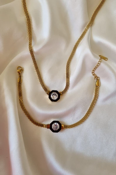 316L Çelik Gold Renk Ezme Zincir Zirkon Taşlı Mineli Serenay Kolye Bileklik Set - 3