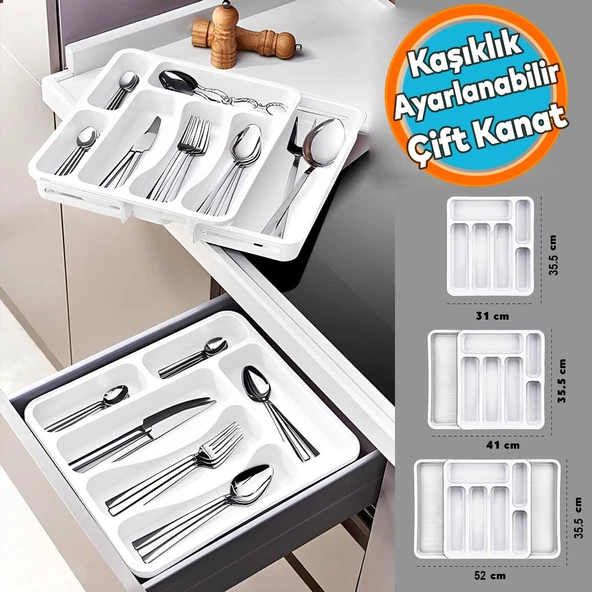 Kayar Kaşıklık Çekmece İçi Bıçak Kaşık Çatal Düzenleyici Çift Kanat Beyaz Açılabilir Ayarlanabilir