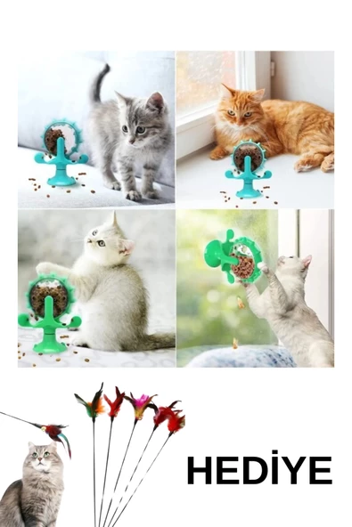 Özel Üretim Vantuzlu Çizilmeye Isırılmaya Dayanıklı Sesli Fırıldak İnteraktif Kedi Mama Oyuncağı Kedi Oltası Hediyeli - 2
