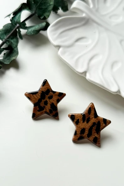 Kadın Kahverengi Leopar Desenli Yıldız Zarif Küpe