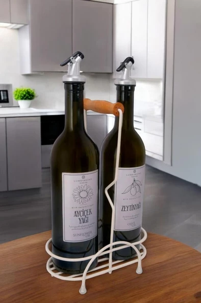 Digithome Petra 2'li Krem Metal Standlı Ahşap Saplı Yağdanlık Seti Gümüş Etiketli Amber Yağlık 750 ML