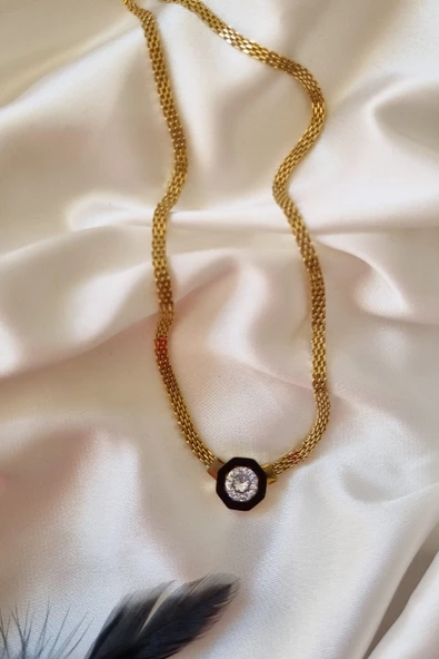 316L Çelik Gold Renk Ezme Zincir Zirkon Taşlı Mineli Serenay Kolye Bileklik Set - 2