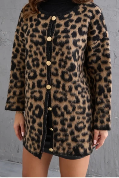 Şardonlu Leopar Triko Hırka Kadın Bisiklet Yaka Leopar Desenli Kahverengi Yünlü Hırka - 3