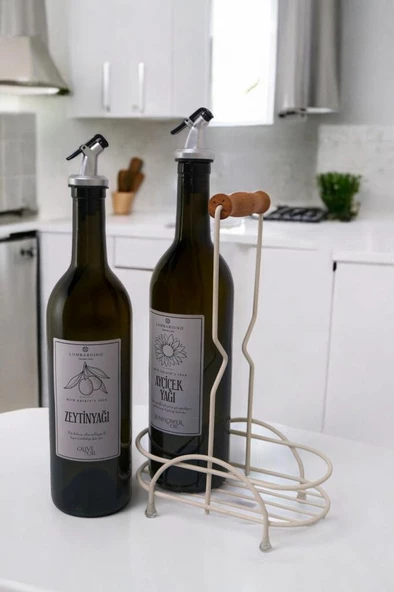 Digithome Petra 2'li Krem Metal Standlı Ahşap Saplı Yağdanlık Seti Gümüş Etiketli Amber Yağlık 750 ML - 3