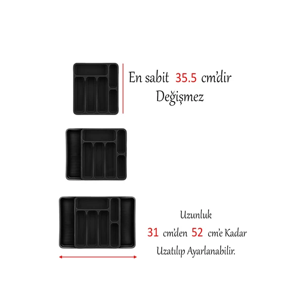 Kayar Kaşıklık Çekmece İçi Bıçak Kaşık Çatal Düzenleyici Çift Kanat Siyah Açılabilir Ayarlanabilir - 4