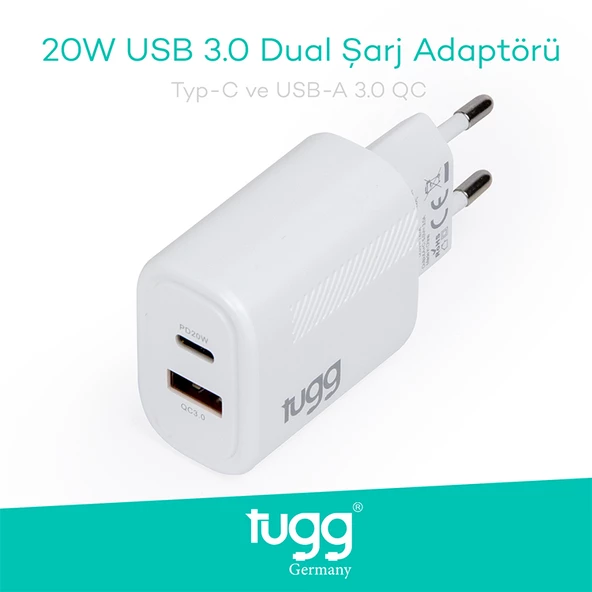 Tugg Germany Orjinal Hızlı Şarj Başlık USB+Type-C Girişli 20W 104403