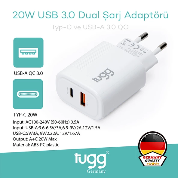 Tugg Germany Orjinal Hızlı Şarj Başlık USB+Type-C Girişli 20W 104403 - 6