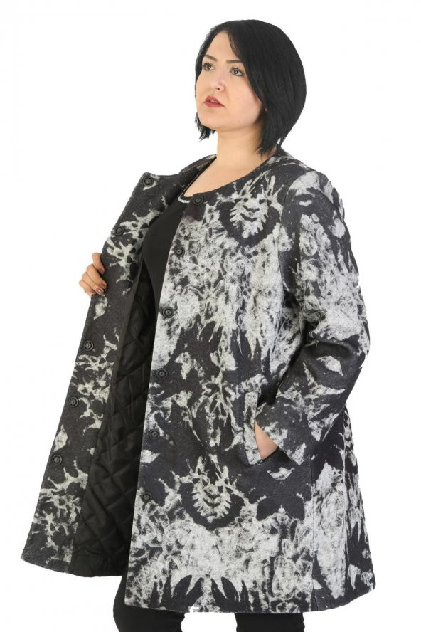 Fierte Kadın Büyük Beden Kaban Ayl3227 Yuvarlak Yaka Uzun Kol Çıt Çıt Kapama Spor Cep Desen Astar Keçe Kap Siyah - 2