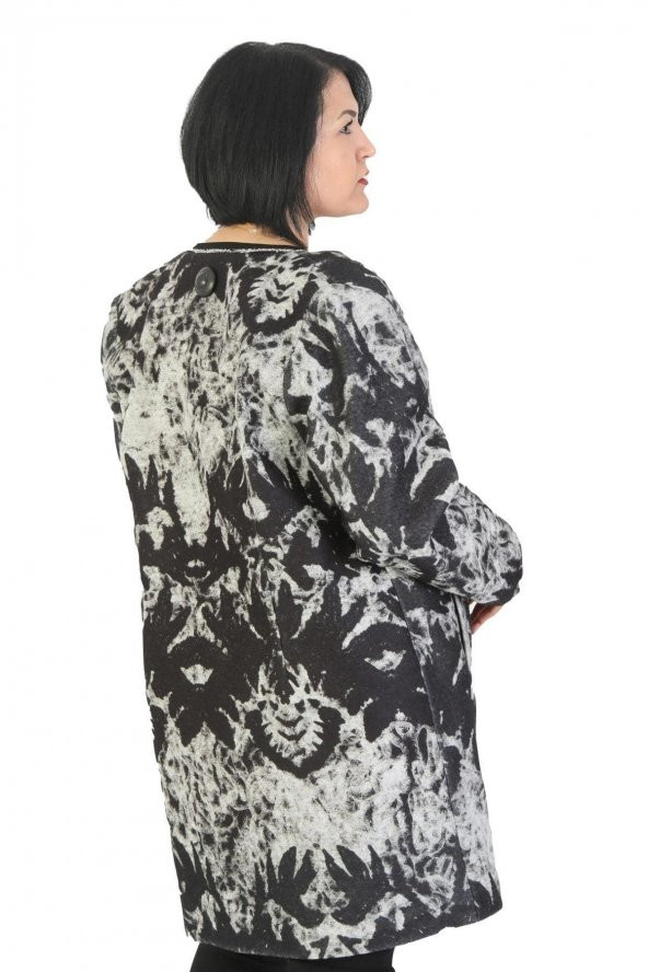 Fierte Kadın Büyük Beden Kaban Ayl3227 Yuvarlak Yaka Uzun Kol Çıt Çıt Kapama Spor Cep Desen Astar Keçe Kap Siyah - 4