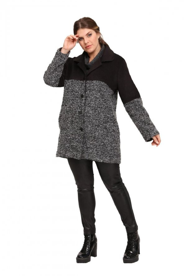 Fierte Kadın Büyük Beden Kaban Lm46210 Erkek Yaka Düğme Kapama Uzun Kol Spor Cep Buklet Yün Karışım Kaşe Kombin Siyah - 4