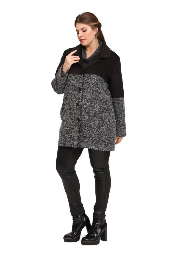 Fierte Kadın Büyük Beden Kaban Lm46210 Erkek Yaka Düğme Kapama Uzun Kol Spor Cep Buklet Yün Karışım Kaşe Kombin Siyah - 5
