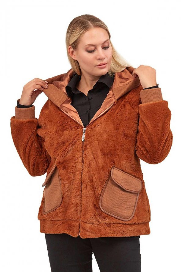 Fierte Kadın Büyük Beden Kaban Lm56060 Sabit Kapüşon Fermuar Kapama Spor Cep Astar Peluş Kürk Siyah Taba - 5