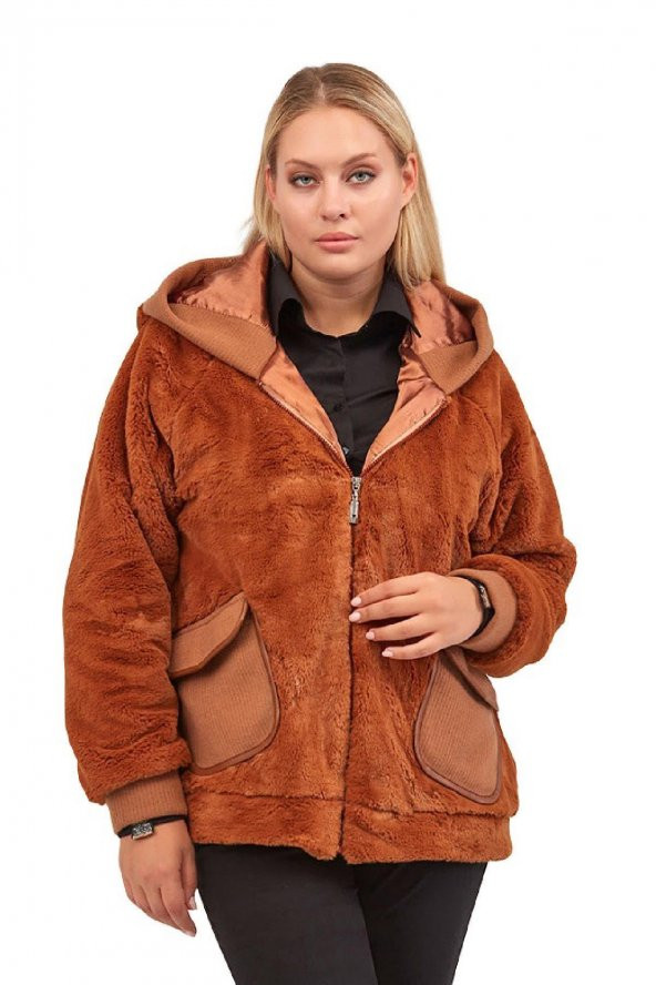 Fierte Kadın Büyük Beden Kaban Lm56060 Sabit Kapüşon Fermuar Kapama Spor Cep Astar Peluş Kürk Siyah Taba - 6