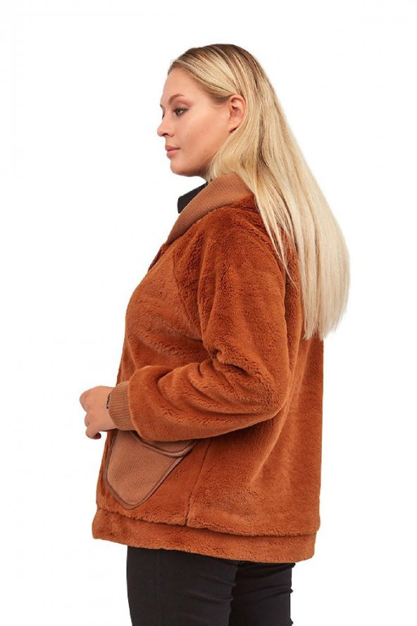 Fierte Kadın Büyük Beden Kaban Lm56060 Sabit Kapüşon Fermuar Kapama Spor Cep Astar Peluş Kürk Siyah Taba - 7