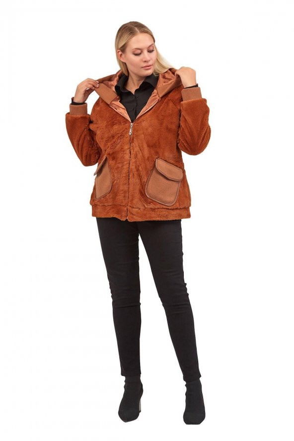 Fierte Kadın Büyük Beden Kaban Lm56060 Sabit Kapüşon Fermuar Kapama Spor Cep Astar Peluş Kürk Siyah Taba - 8