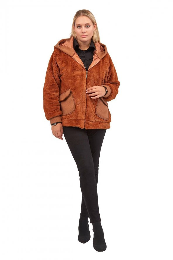 Fierte Kadın Büyük Beden Kaban Lm56060 Sabit Kapüşon Fermuar Kapama Spor Cep Astar Peluş Kürk Siyah Taba - 9