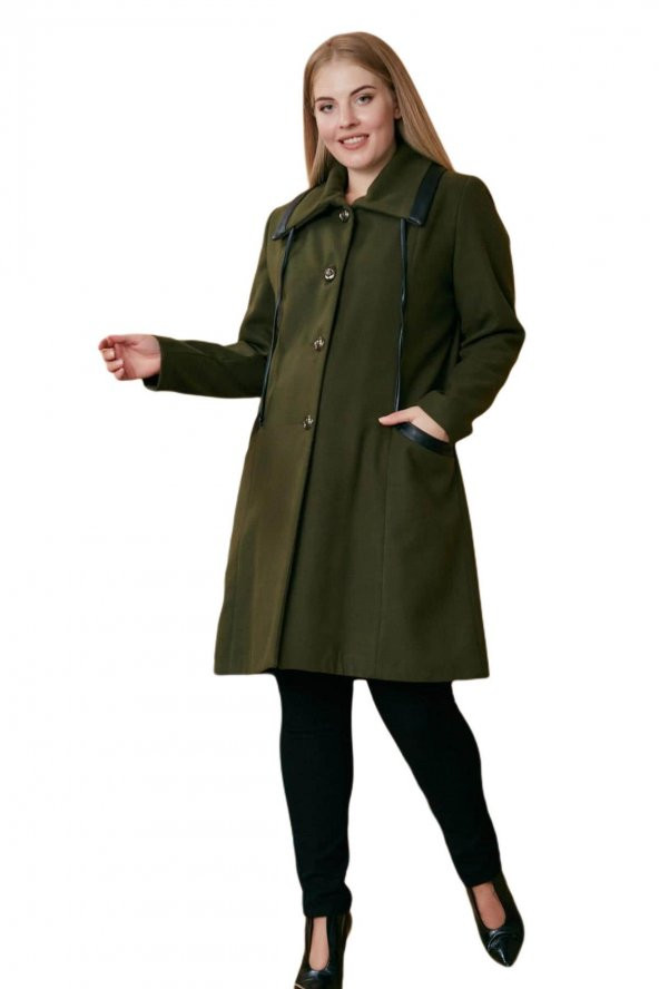 Fierte Kadın Büyük Beden Kaban Rg9709 Yaka Detay Düğme Kapama Cep Astar Yün Karışım Kaşe Uzun Camel Bordo Haki Siyah - 9