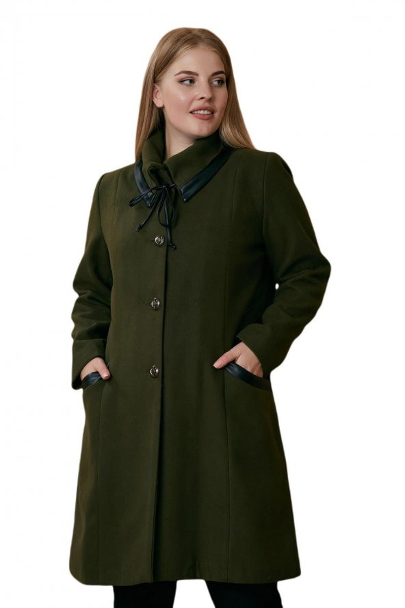 Fierte Kadın Büyük Beden Kaban Rg9709 Yaka Detay Düğme Kapama Cep Astar Yün Karışım Kaşe Uzun Camel Bordo Haki Siyah - 12