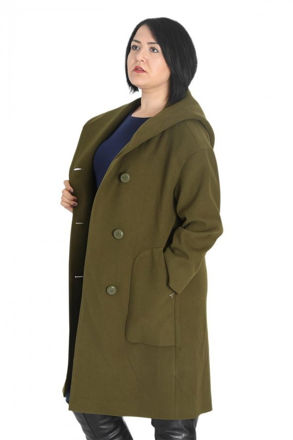 Fierte Kadın Büyük Beden Kaban Icn8531 Sabit Kapüşon Düğme Kapama Uzun Kol Spor Cep Kaşe Manto Haki Gri - 2