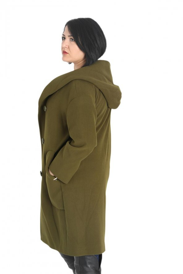 Fierte Kadın Büyük Beden Kaban Icn8531 Sabit Kapüşon Düğme Kapama Uzun Kol Spor Cep Kaşe Manto Haki Gri - 3
