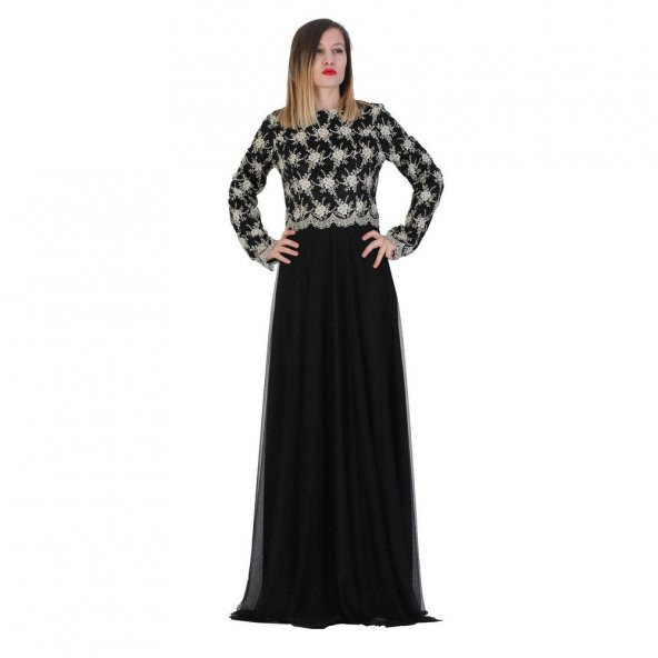 Fierte Kadın Abiye Elbise Clw6056 Sıfır Yaka Uzun Kol Güpür Dantel Tül Şifon Kloş Etek Tesettür Siyah Bej