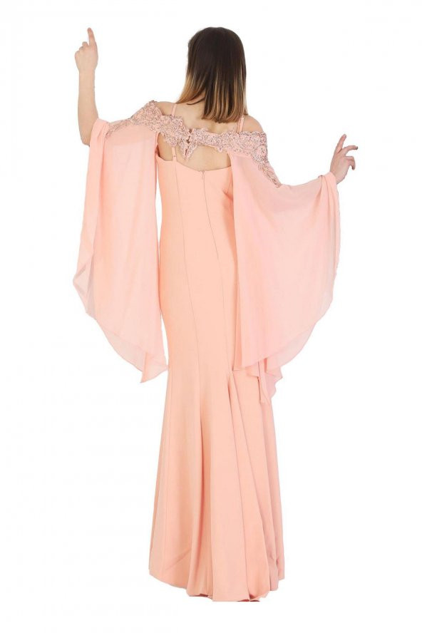 Fierte Kadın Abiye Elbise Crd4388 İnce İp Askı Çıkabilen Şifon Yaka Güpür Dantel İşleme Balık Krep Düğün Nişan Nikah Bordo Siyah Mavi Somon - 7
