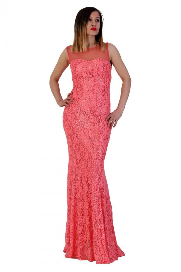 Fierte Kadın Abiye Elbise Lprs4080 Transparan Sıfır Yaka Kolsuz Sırt Detay Dantel Kaplama Balık Düğün Mezuniyet Mercan Yeşil - 5