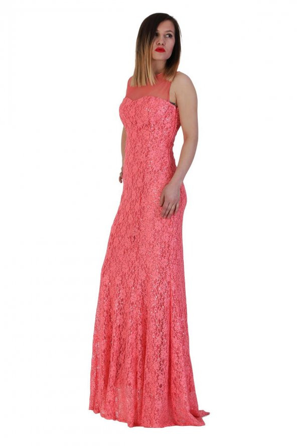 Fierte Kadın Abiye Elbise Lprs4080 Transparan Sıfır Yaka Kolsuz Sırt Detay Dantel Kaplama Balık Düğün Mezuniyet Mercan Yeşil - 6