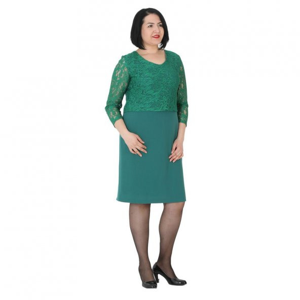 Fierte Kadın Büyük Beden Abiye Elbise Bb317 Kısa Yuvarlak Yaka Uzun Kol Dantel Kombin Bordo Siyah Yeşil Saks Mavi