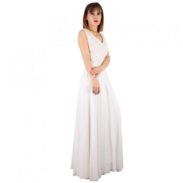 Fierte Kadın Büyük Beden Abiye Elbise Tn15070 V Yaka Kolsuz Dantel Detay Şifon Kloş Etek Nişan Düğün Nikah Mezuniyet Ekru