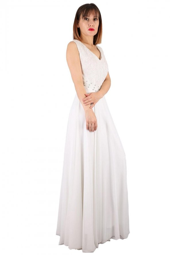 Fierte Kadın Büyük Beden Abiye Elbise Tn15070 V Yaka Kolsuz Dantel Detay Şifon Kloş Etek Nişan Düğün Nikah Mezuniyet Ekru - 2