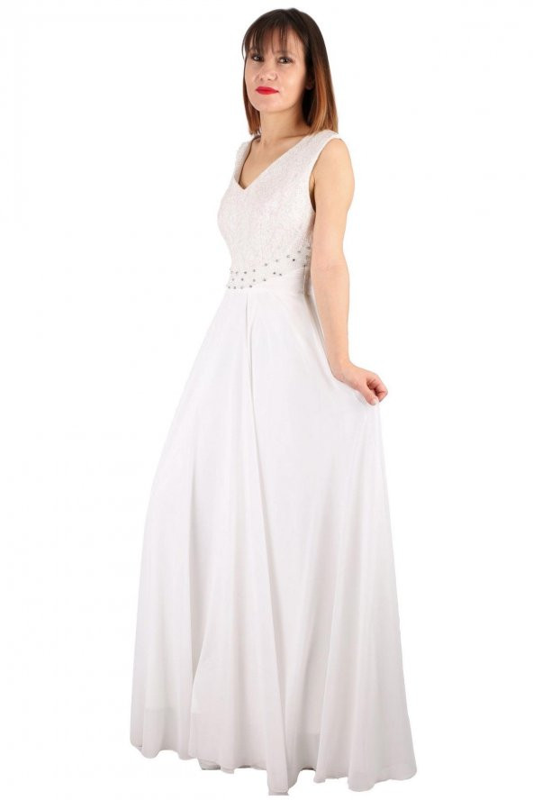 Fierte Kadın Büyük Beden Abiye Elbise Tn15070 V Yaka Kolsuz Dantel Detay Şifon Kloş Etek Nişan Düğün Nikah Mezuniyet Ekru - 5