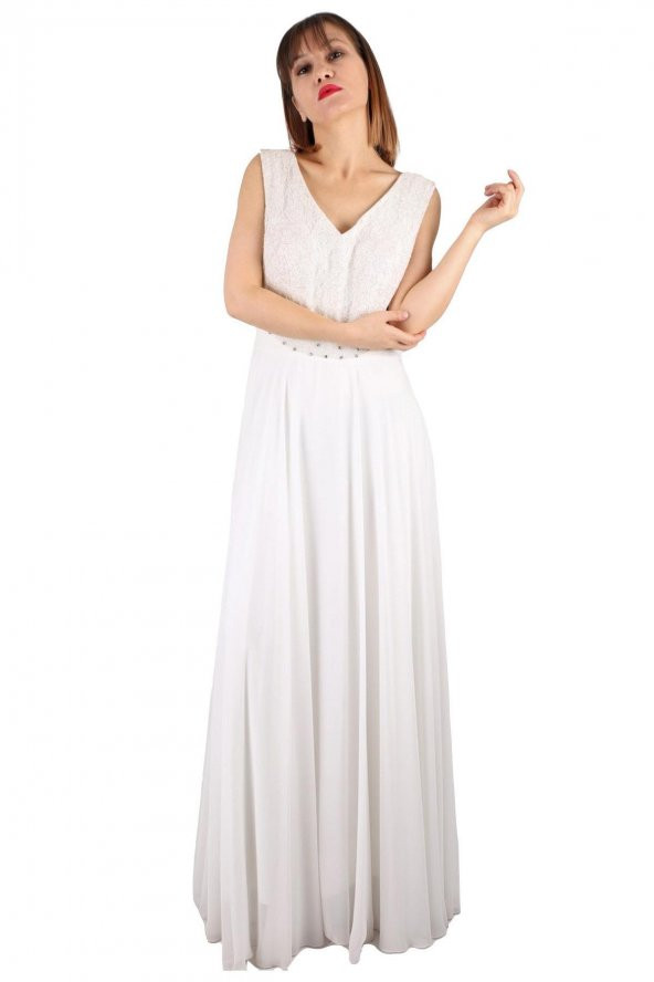 Fierte Kadın Büyük Beden Abiye Elbise Tn15070 V Yaka Kolsuz Dantel Detay Şifon Kloş Etek Nişan Düğün Nikah Mezuniyet Ekru - 8