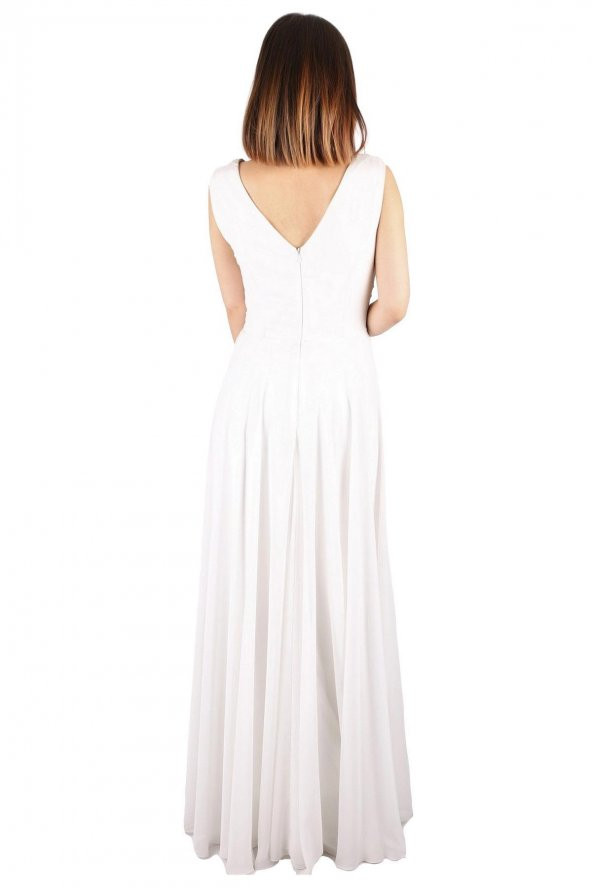 Fierte Kadın Büyük Beden Abiye Elbise Tn15070 V Yaka Kolsuz Dantel Detay Şifon Kloş Etek Nişan Düğün Nikah Mezuniyet Ekru - 10